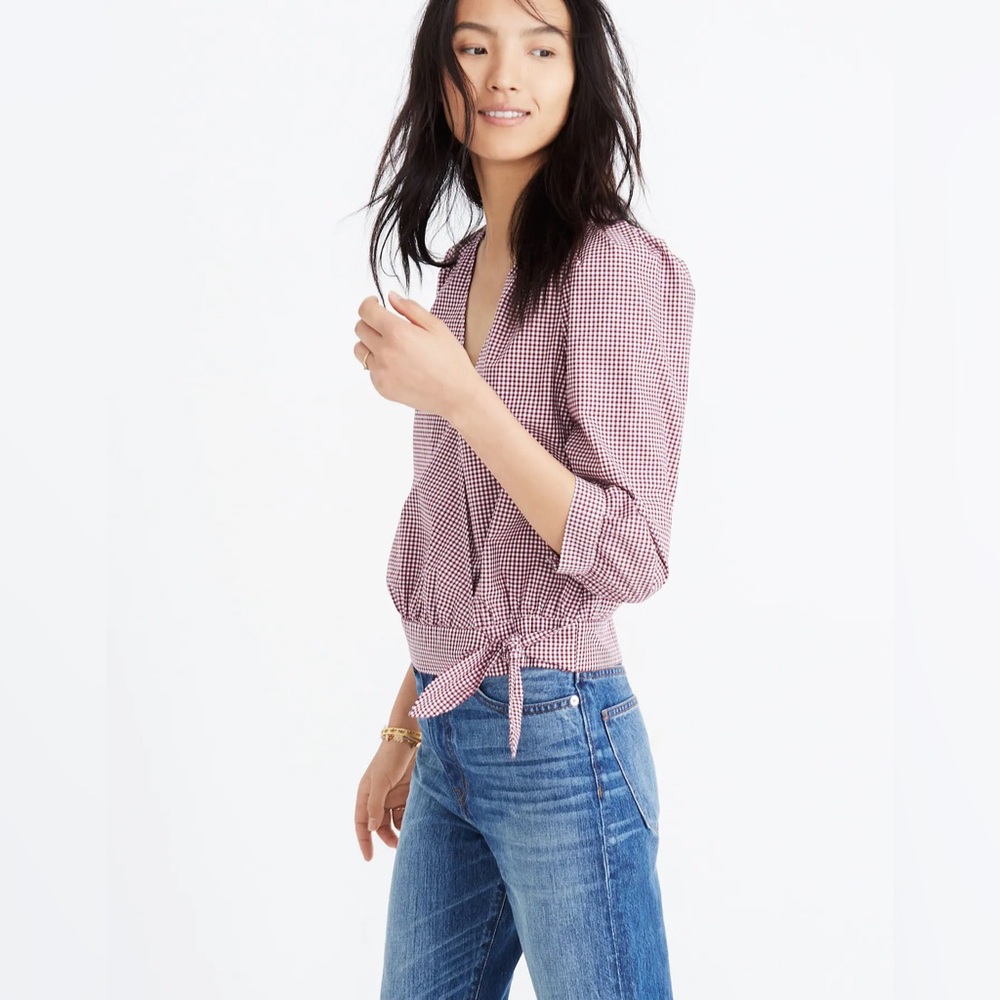 Madewell Red Gingham Wrap Blouse